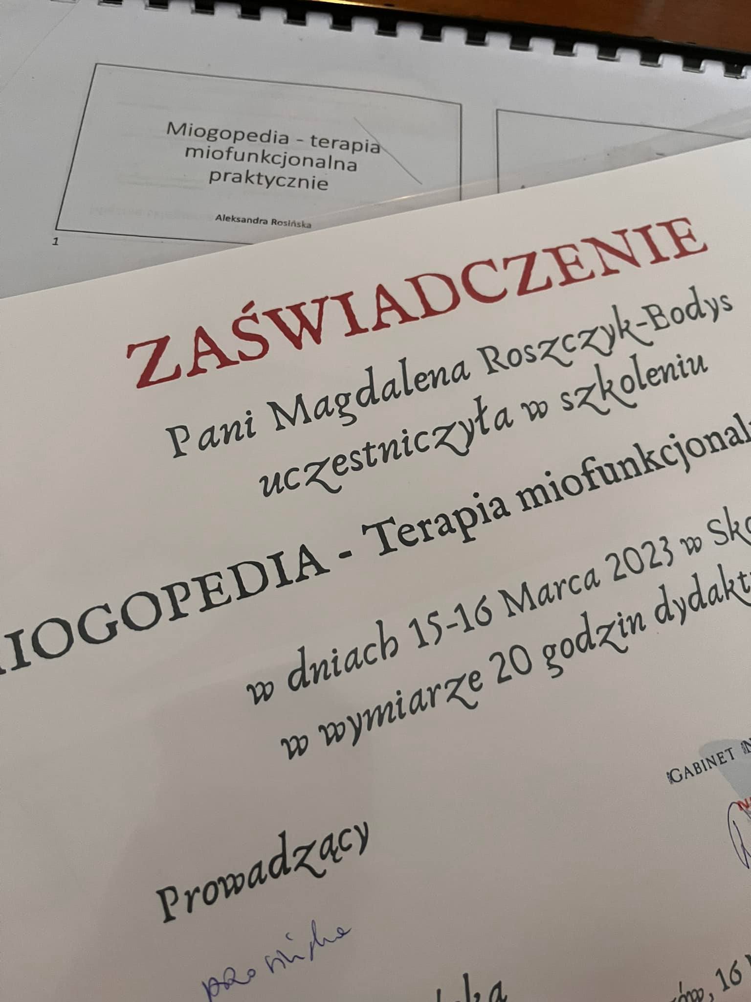 Zaświadczenie z ukończenia szkolenia- Terapia miofunkcjonalna